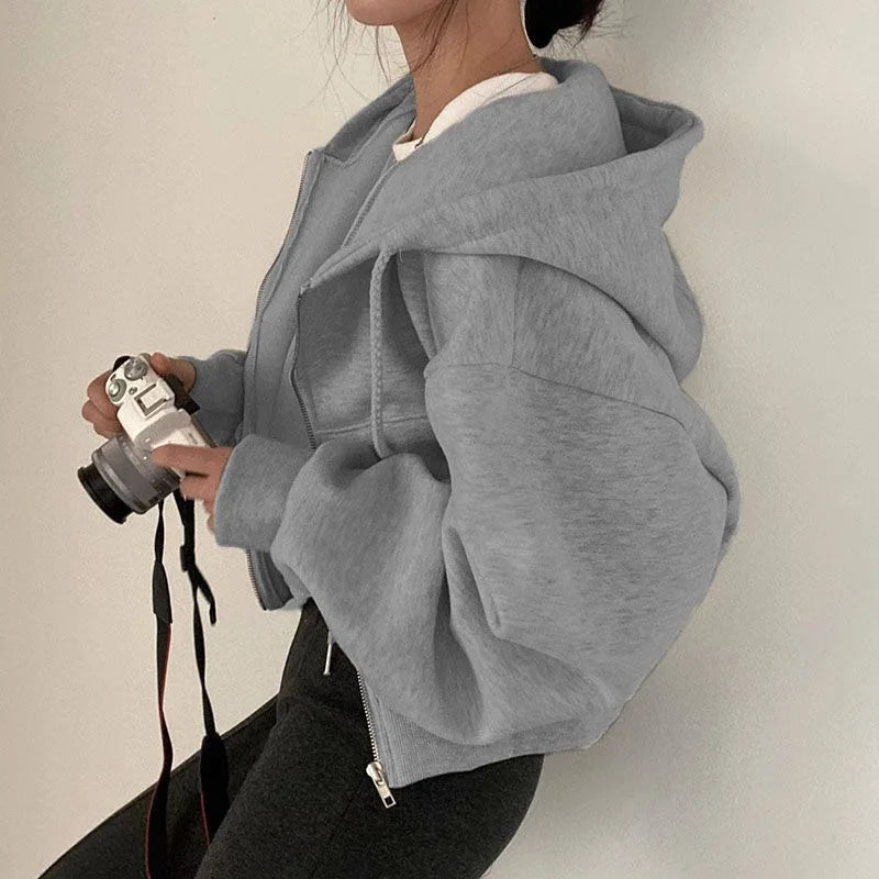 Women Casual Streetwear Y2K Crop Tops Hood Shirt Blended Material