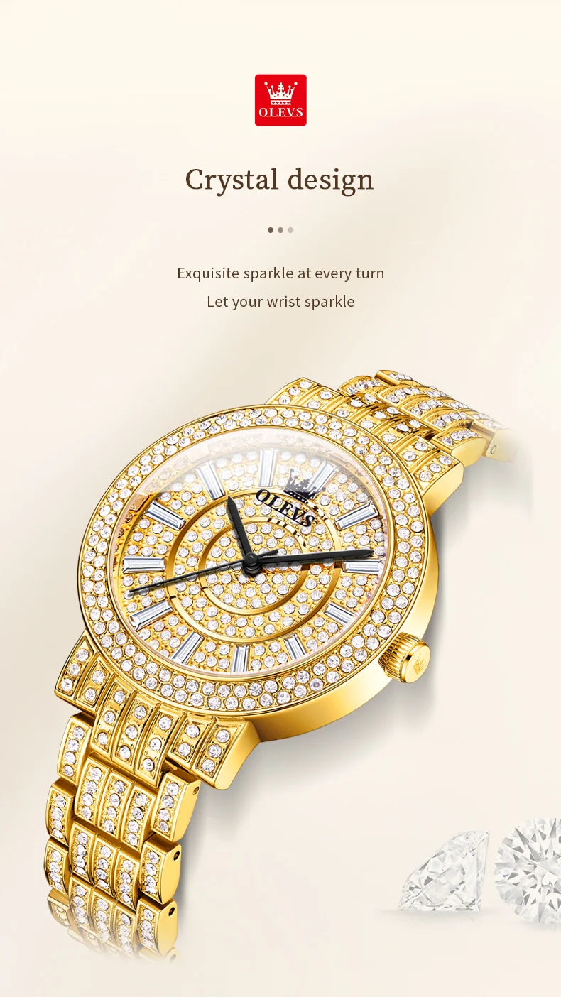 OLEVS Women's Watches Luxury Elegant Full Diamonds Original Quartz Watch for Man Waterproof Stainless Steel Gift Box Bracelet