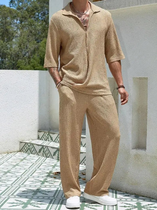 2025 Europe and the United States men's new spring half-sleeve shirt pants solid color suit V-neck design