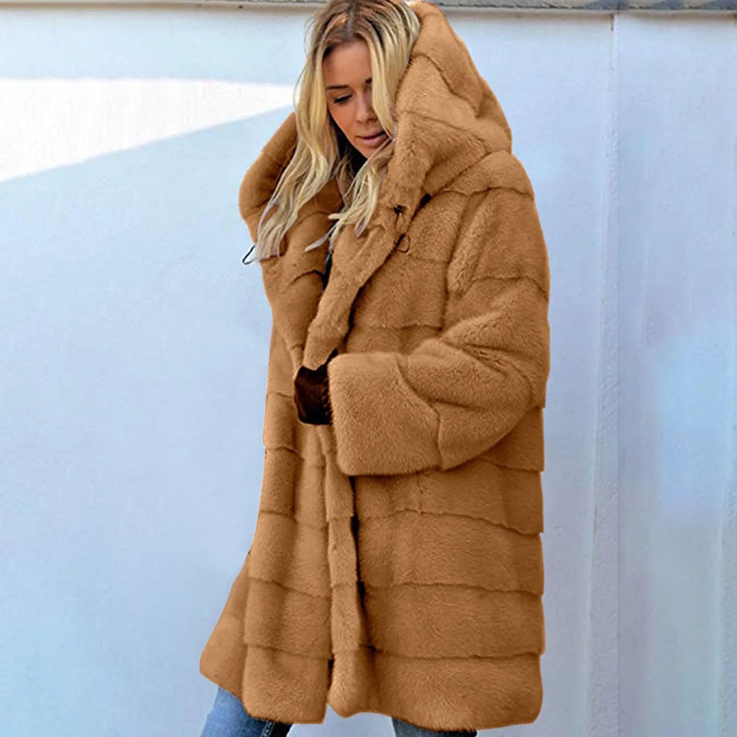 Winter Thick Fuzzy Faux Fur Jacket Women's Warm Plush Long Sleeve