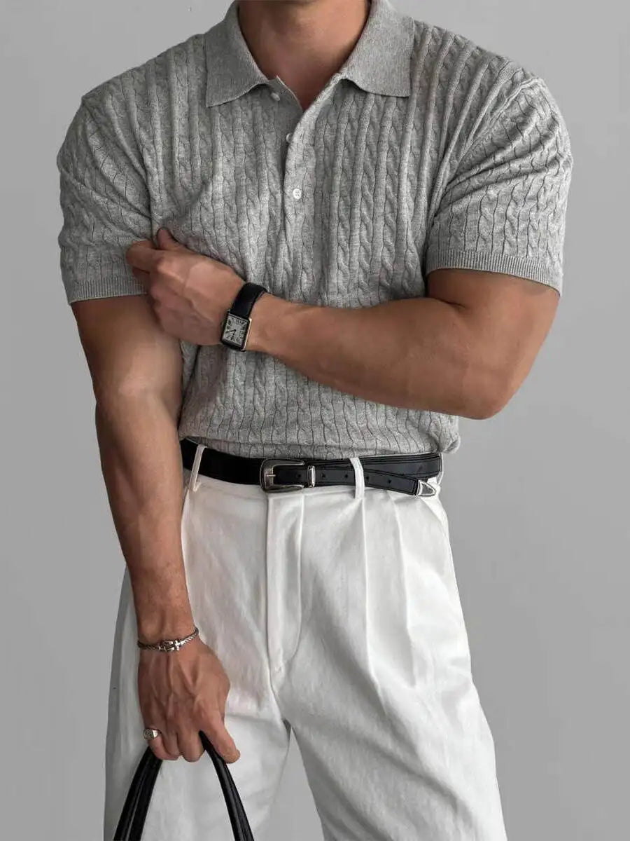 American Sle Hard Man Knitted  irt Muscle Men Slim Fit Elastic ort Sve Turn-down Collar Sweatirt Tight Sve ...