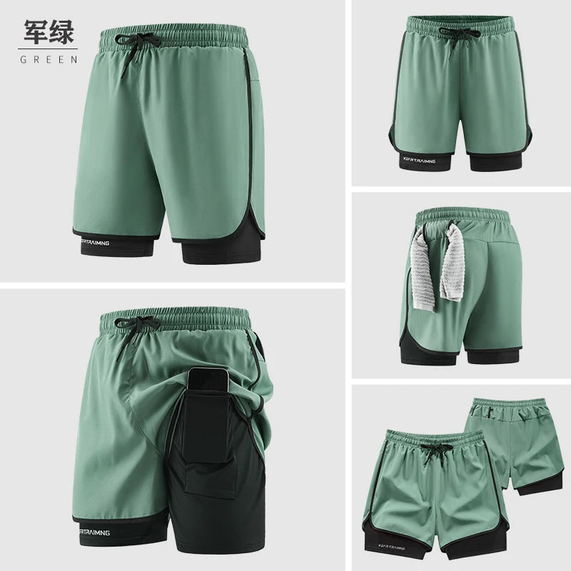 Men's Double Layer Fitness Shorts Men Fitness Gym Training 2 in 1 Sports Shorts Quick Dry Workout Jogging Double Deck Summer