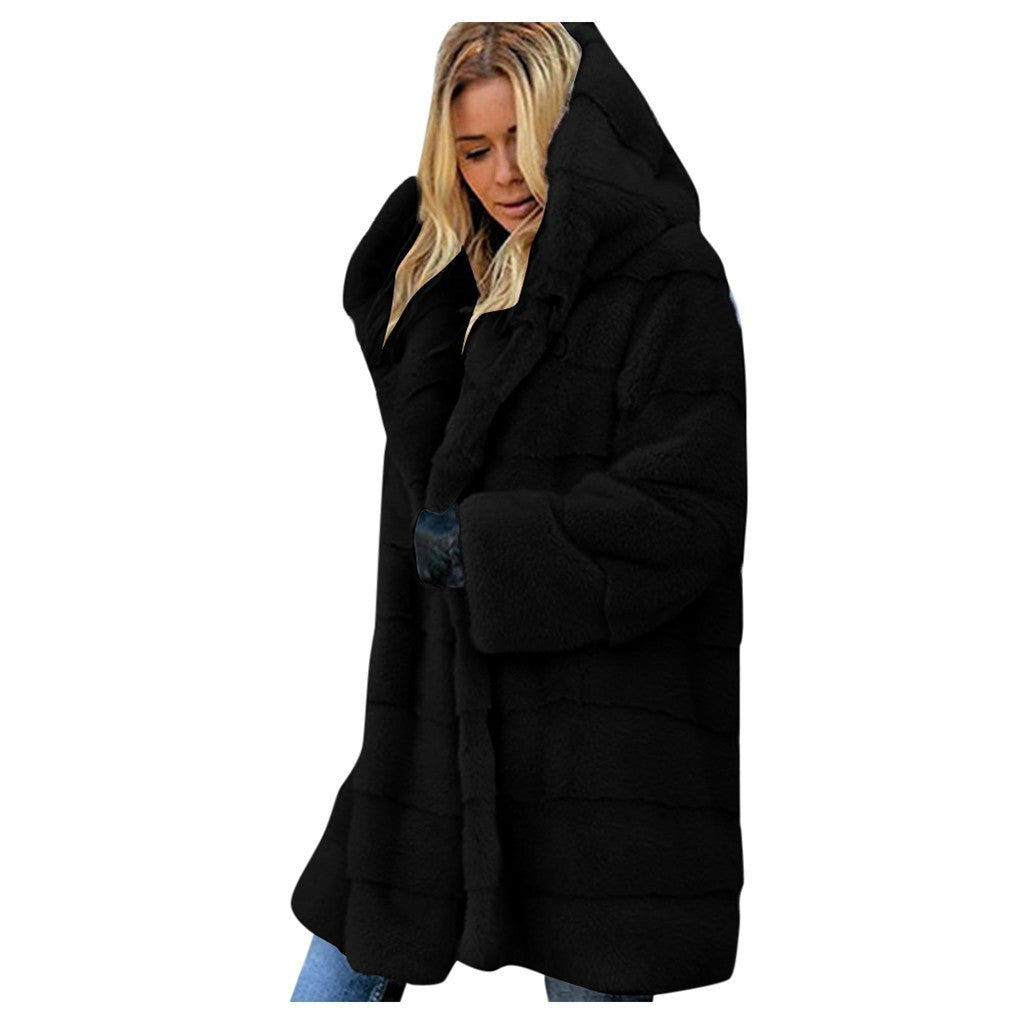 Winter Thick Fuzzy Faux Fur Jacket Women's Warm Plush Long Sleeve