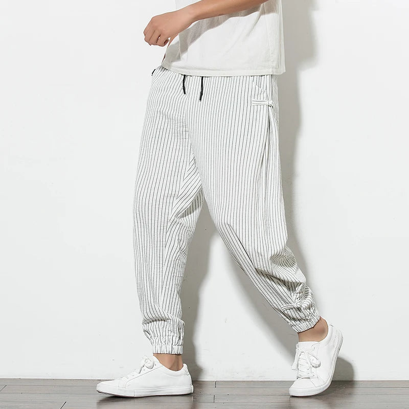 Japanese Style Summer Thin Section Stripes Harem Pants Men Cotton Fashion Disc Buckle Breathable Linen Pants Men Plus Size 5XL