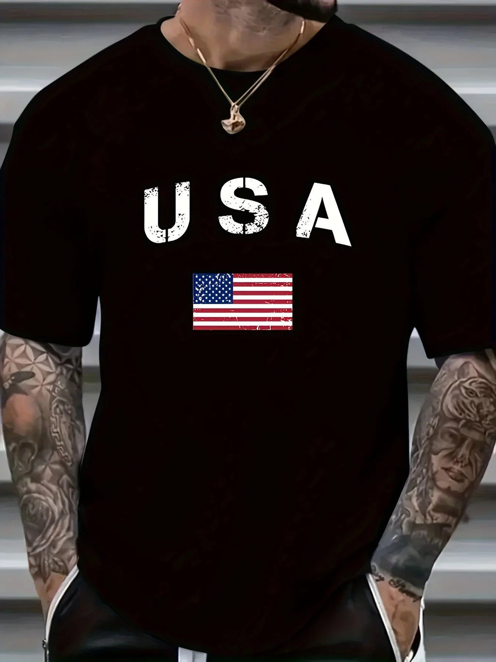 Men's American Flag USA Letter Print T-Shirt, 100% Cotton Crew Neck Short Sleeve Tee, Casual Streetwear