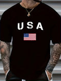 Men's American Flag USA Letter Print T-Shirt, 100% Cotton Crew Neck Short Sleeve Tee, Casual Streetwear