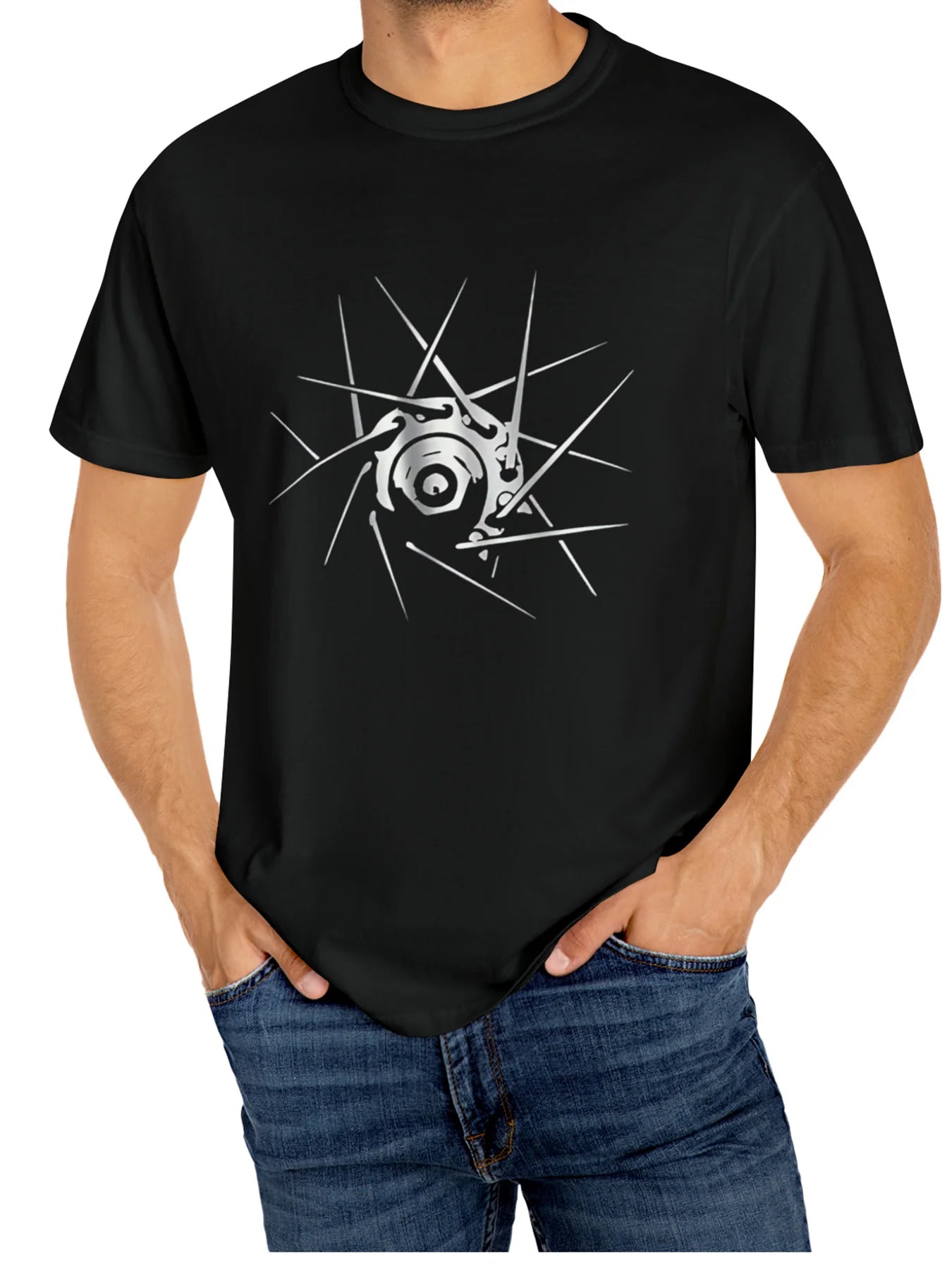 Men'S Casual Black T-Shirt with Geometric Camera Design - 100% Cotton, Short Sleeve, Round Neck