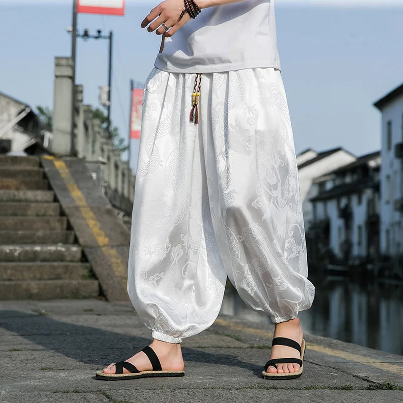 FGKKS 2023 Outdoor Brand Pants For Men Lce Silk Dragon Dark Flower Loose Bloomers High Quality Wide Leg Casual Trousers Male