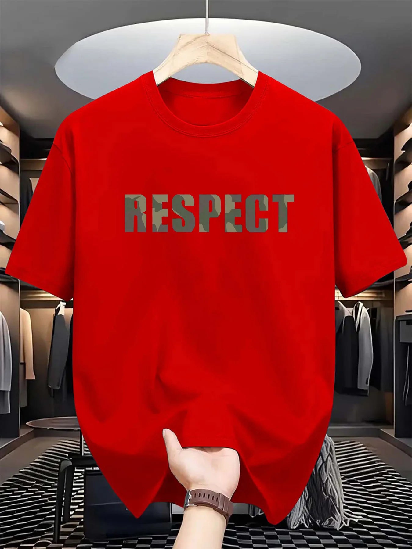 Men's summer 100% pure cotton fashionable casual loose RESPECT camouflage letter printed round neck short sleeved T-shirt top