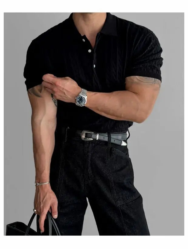 American Sle Hard Man Knitted  irt Muscle Men Slim Fit Elastic ort Sve Turn-down Collar Sweatirt Tight Sve ...