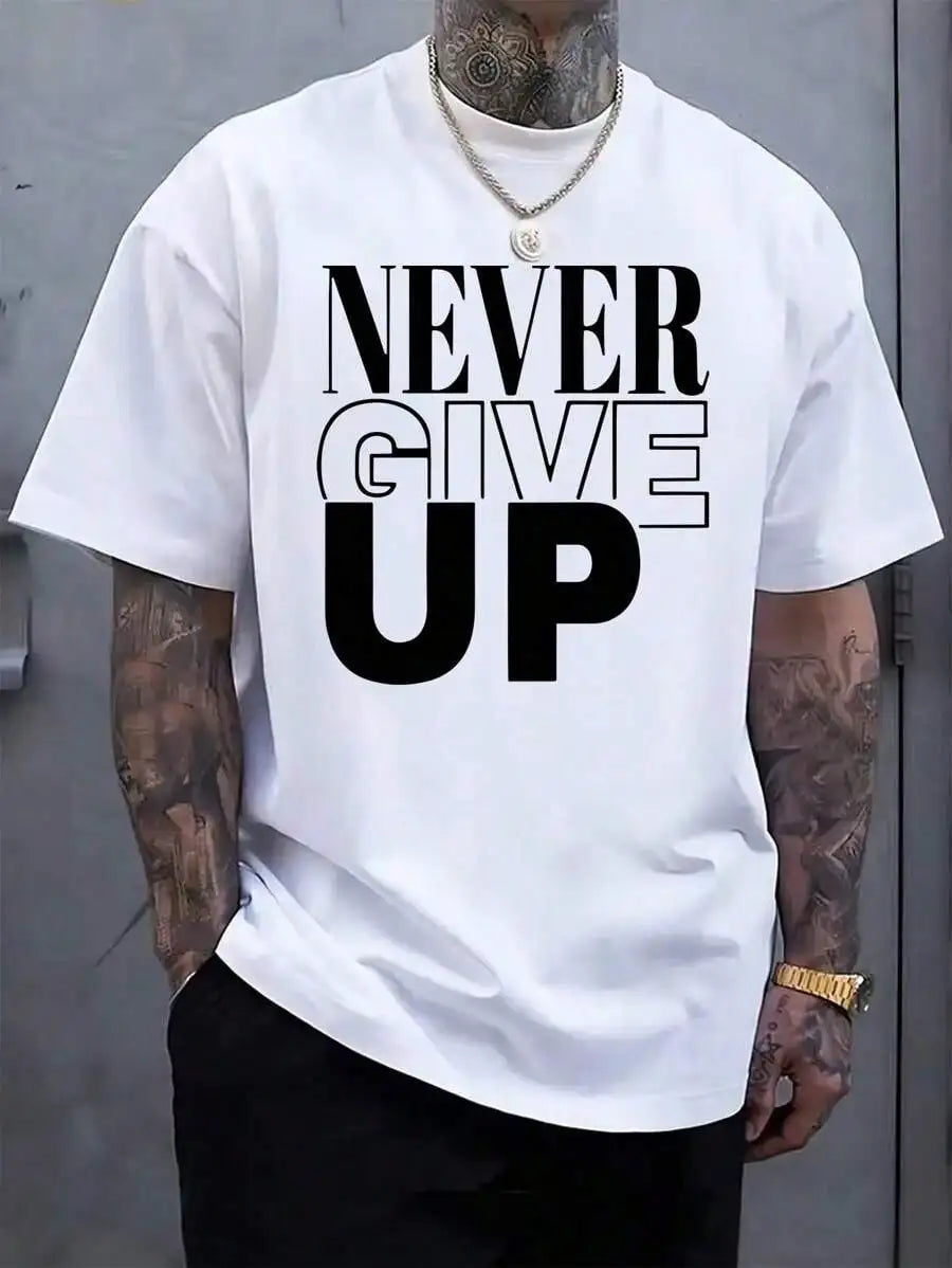 Men's Never Give Up Pattern-Shirt - Cotton, Soft And Comfortable, Red Bold Black Letter Print, Casual Summer Outdoor-Shirt