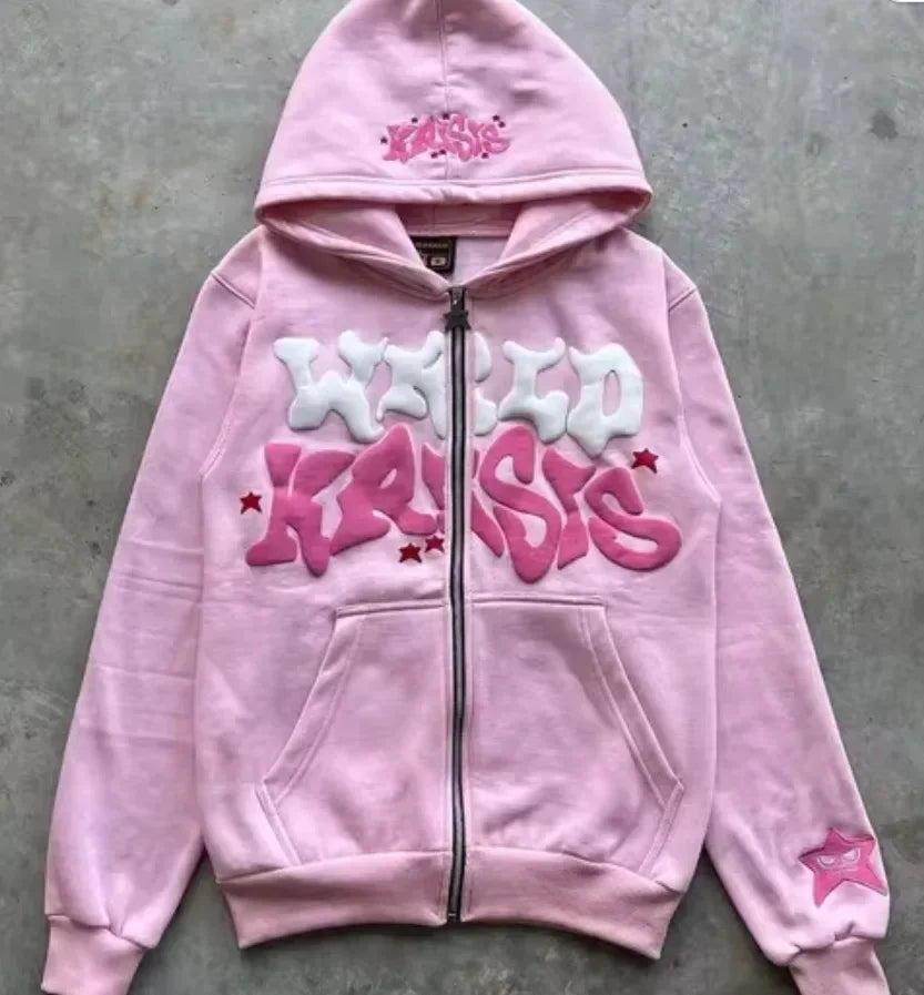 Zipper hooded sweatshirt with retro American letters and stars suitable for men and women Y2K jacket autumn d winter cardigan