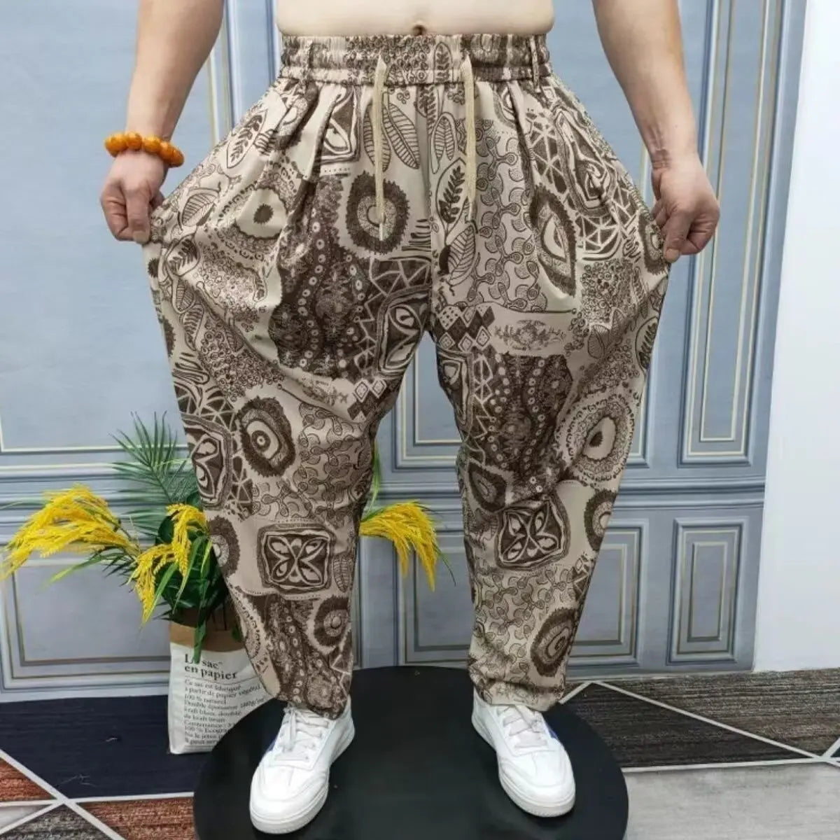 High-End Casual Harem Pants for Men Loose Comfortable Slimming Printed Polyester Fiber Summer Cool Sensation Faion Brand