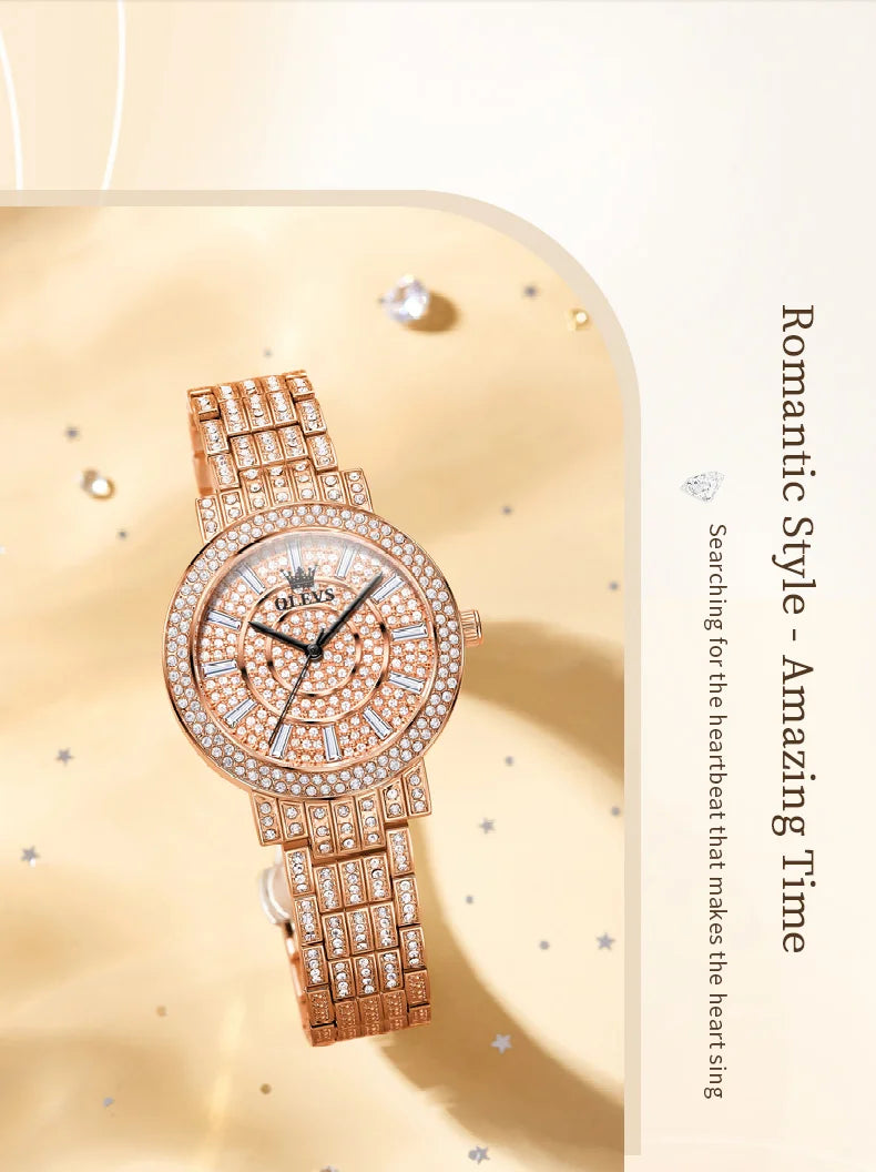 OLEVS Women's Watches Luxury Elegant Full Diamonds Original Quartz Watch for Man Waterproof Stainless Steel Gift Box Bracelet
