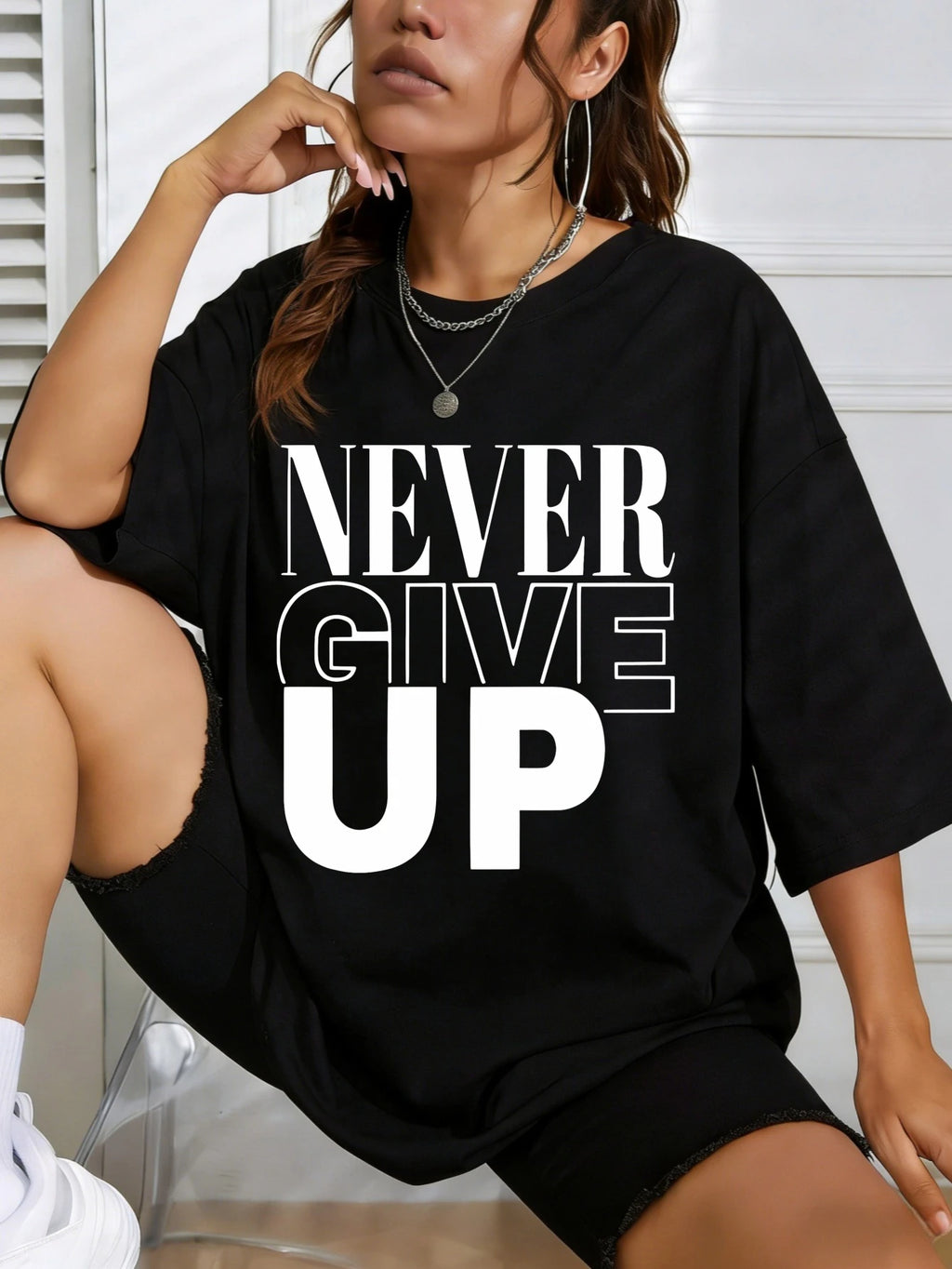 womens t shirts NEVER GIVE UP Printed Cotton Casual Summer Short Sleeve Regular Fit T Shirt
