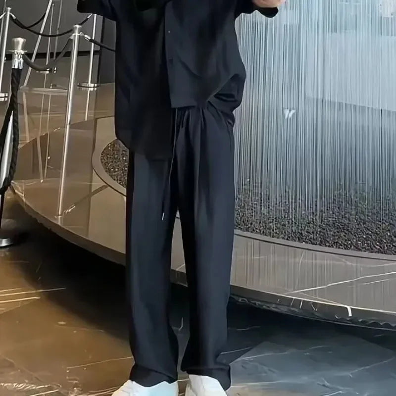 Plain T-shirts Pants Suits for Men Nylon Regular Fit 2025 Trend Two Piece Set Korean Style Loose Novelty in Man Trousers Sets