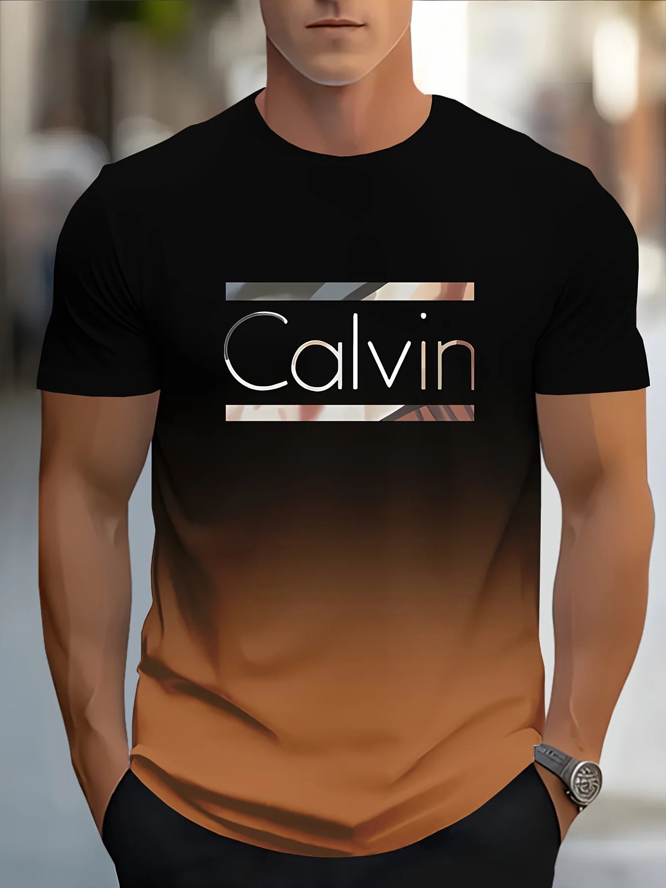 Men'S Customizable "Calvin" Gradient Print T-Shirt - Casual Crew Neck, Short Sleeve, Slight Stretch Fabric 100%polyster