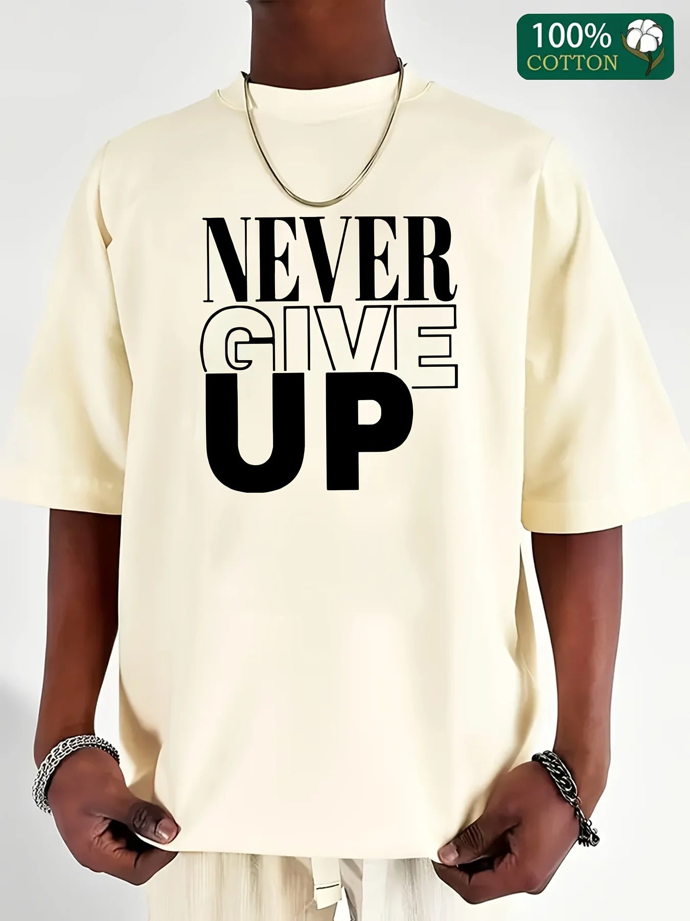 Men's summer 100 cotton fashionable casual sports loose Never give up letter printed round neck short sleeved T-shirt top