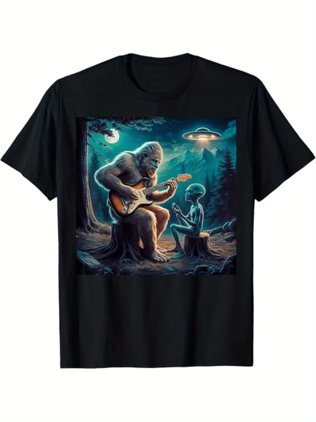 1pc Men'S Alien Guitar & Sasquatch Graphic T-Shirt, 100% Cotton Fabric, Crew Neck, Short Sleeve, Regular Fit