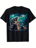 1pc Men'S Alien Guitar & Sasquatch Graphic T-Shirt, 100% Cotton Fabric, Crew Neck, Short Sleeve, Regular Fit