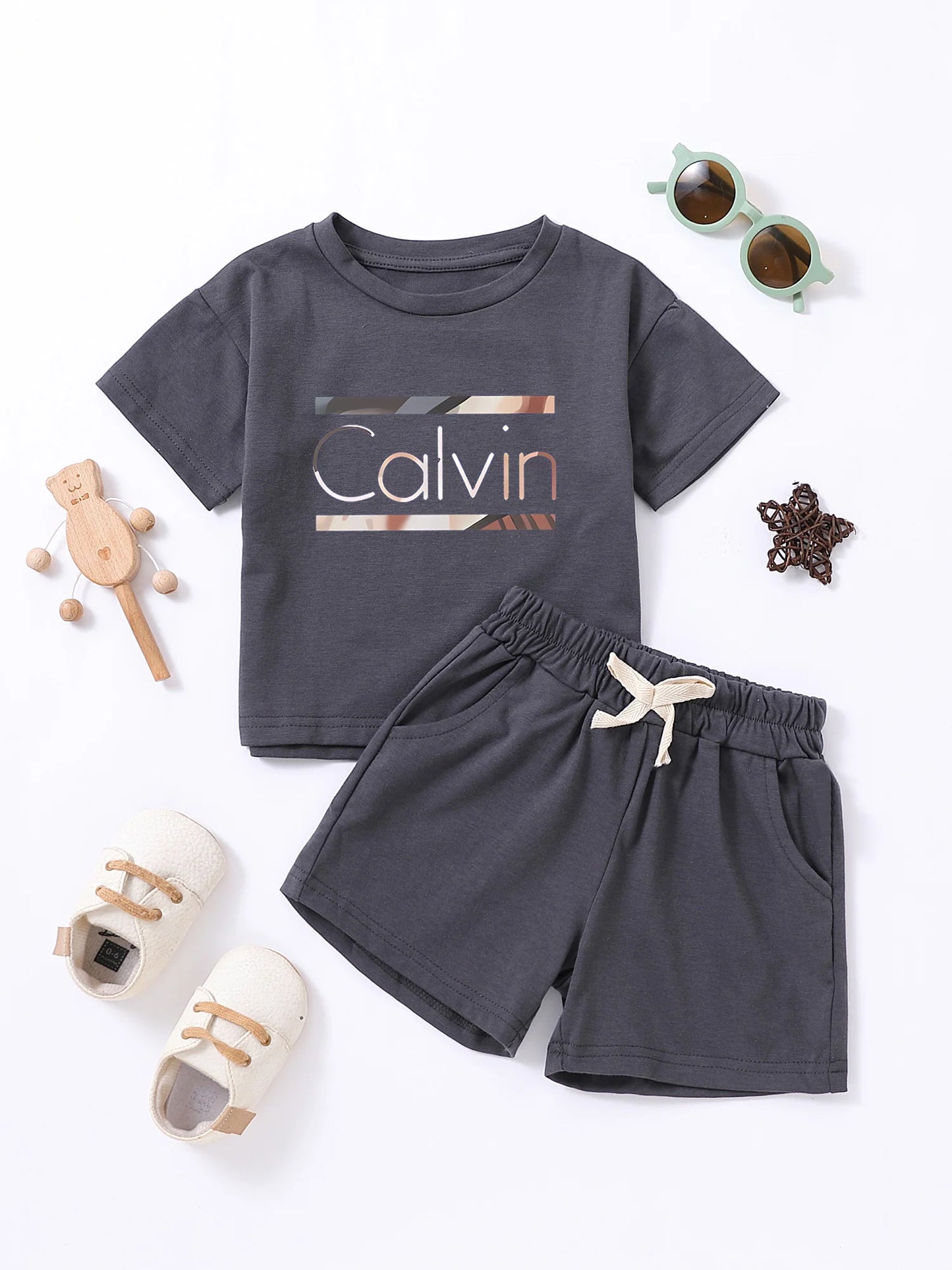 Children Calvin Letter Print Suits Cotton T-shirts + Shorts 2PCS Clothes Sets Boys Girls Fashion Outfits 1-7Y