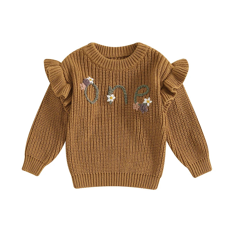 2024-05-23 Lioraitiin Newborn Baby Girl Birthday Sweater Casual Floral Letter Embroidery Warm Knitted Pullover Infant Knitwear