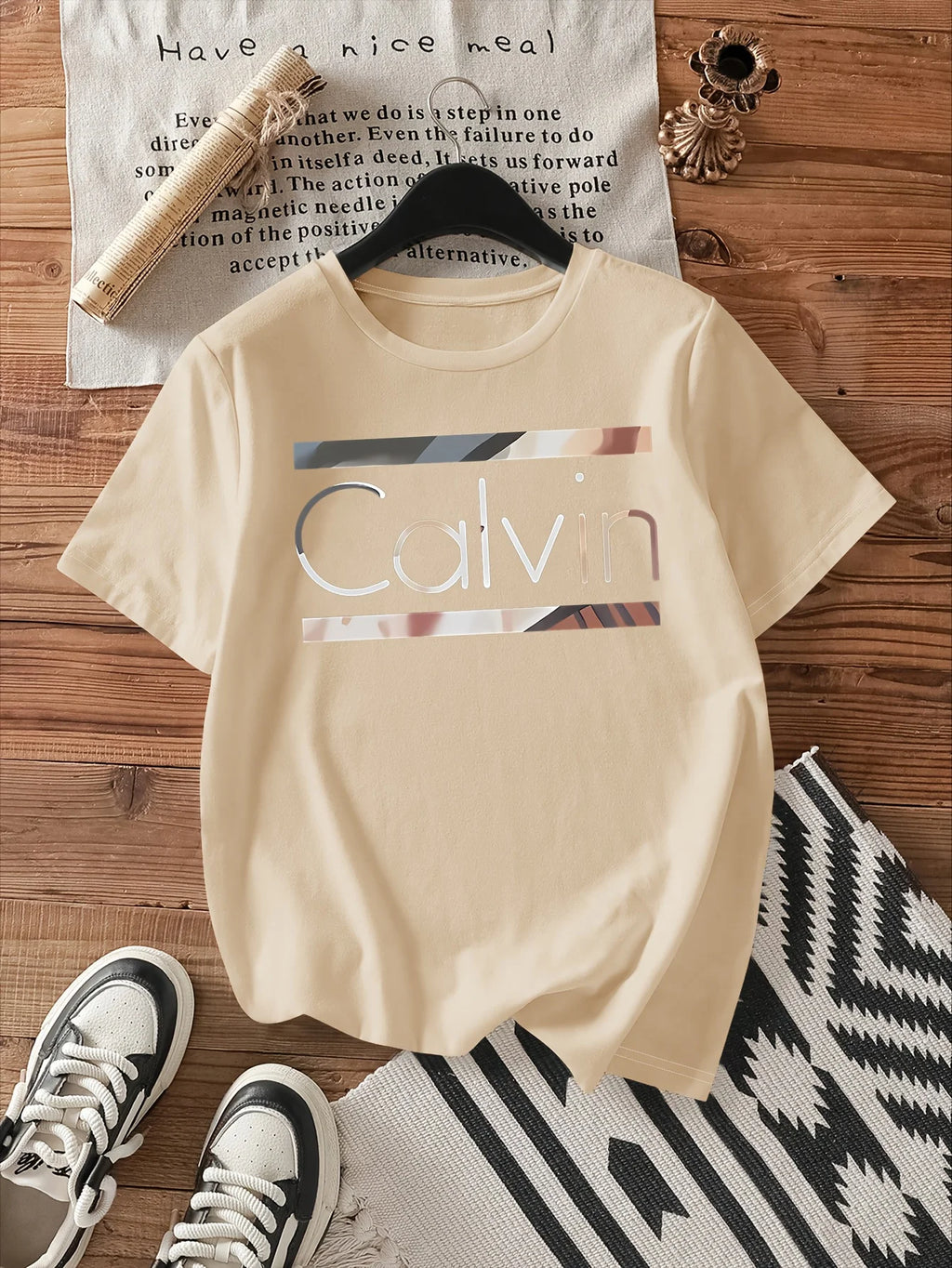 Women's Summer 100% Cotton Fashion Casual Calvin Letter Pattern Printed Loose Round Neck Short Sleeve T-shirt Top