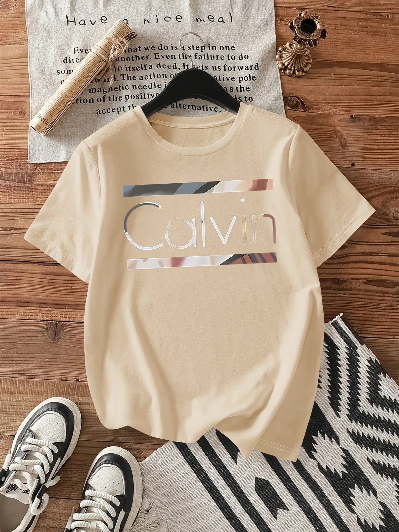 Women's Summer 100% Cotton Fashion Casual Calvin Letter Pattern Printed Loose Round Neck Short Sleeve T-shirt Top