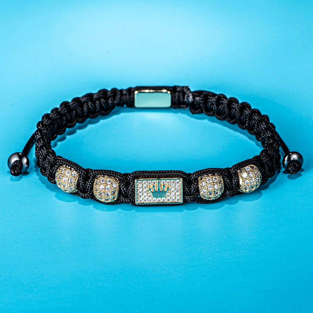 New Men's Adjustable Black Braided Crown Design Bracelet with Sparkling Synthetic Zirconia Stones Elegant GoldenTone Rectangular