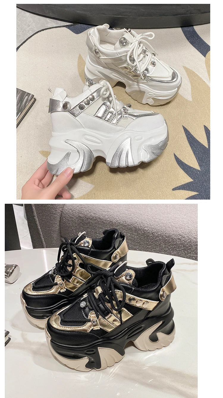 10CM New 2024 Spring Women Chunky Sneakers Heels Lace-up High Platform Sports Shoes Woman Breathable Mesh Shoes Leather Sneakers