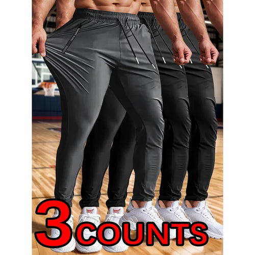 3 Pack Men's High Stretch Jogging Pants Zippered Pockets Drawstring Waist Solid Tracksuit Fishing Man Joggers Straight Trousers