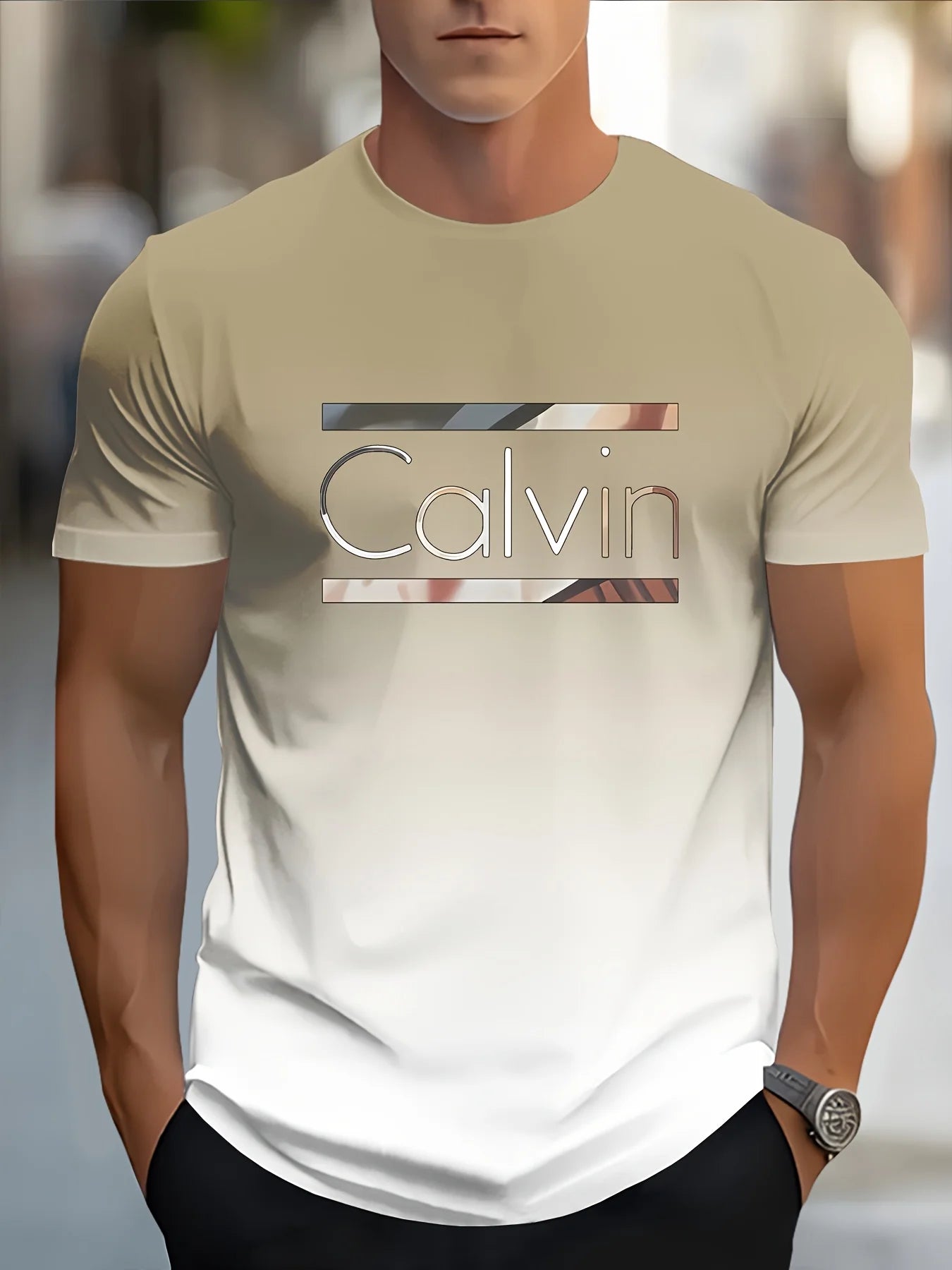 Men'S Customizable "Calvin" Gradient Print T-Shirt - Casual Crew Neck, Short Sleeve, Slight Stretch Fabric 100%polyster