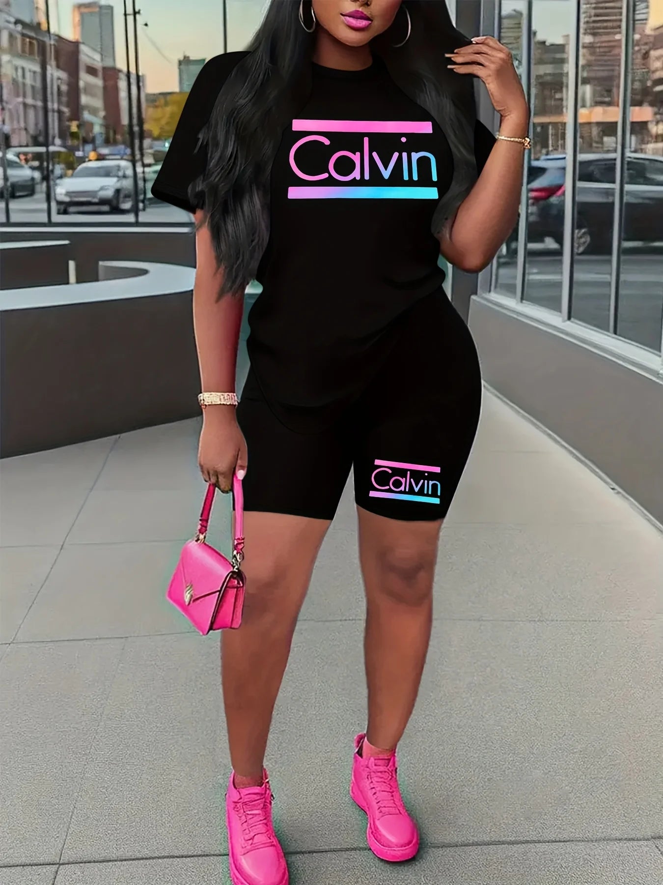 Women's summer casual loose and fashionable Calvin print round neck short sleeved T-shirt+shorts two-piece set