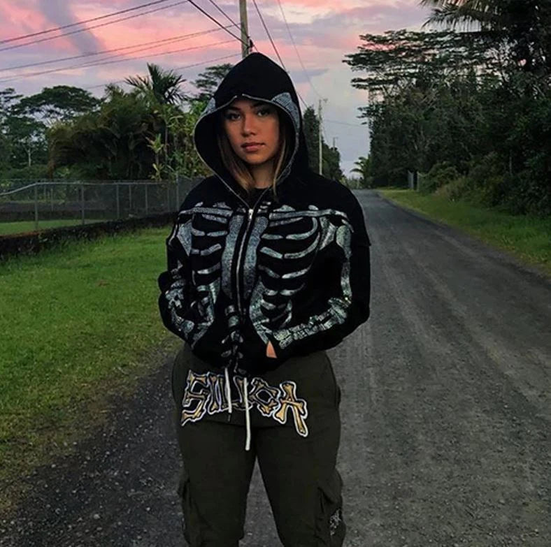 Gothic Long Sleeve Rhinestone Skeleton Hoodie Y2k Jacket Men Hoodies Oversized Full Zip Hoodie Goth Sweatshirt Sport Coat Autumn