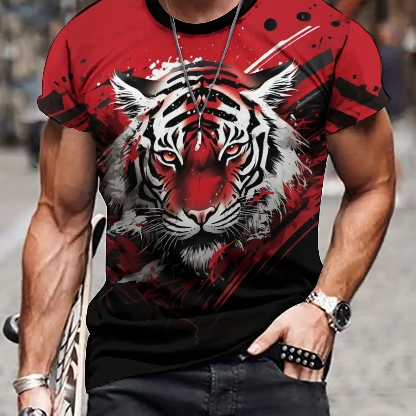Summer men's 3D lion and tiger pattern T-shirt, casual micro elastic breathable T-shirt, suitable for outdoor jogging wear