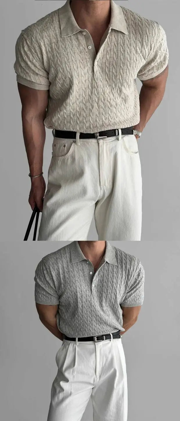 American Sle Hard Man Knitted  irt Muscle Men Slim Fit Elastic ort Sve Turn-down Collar Sweatirt Tight Sve ...
