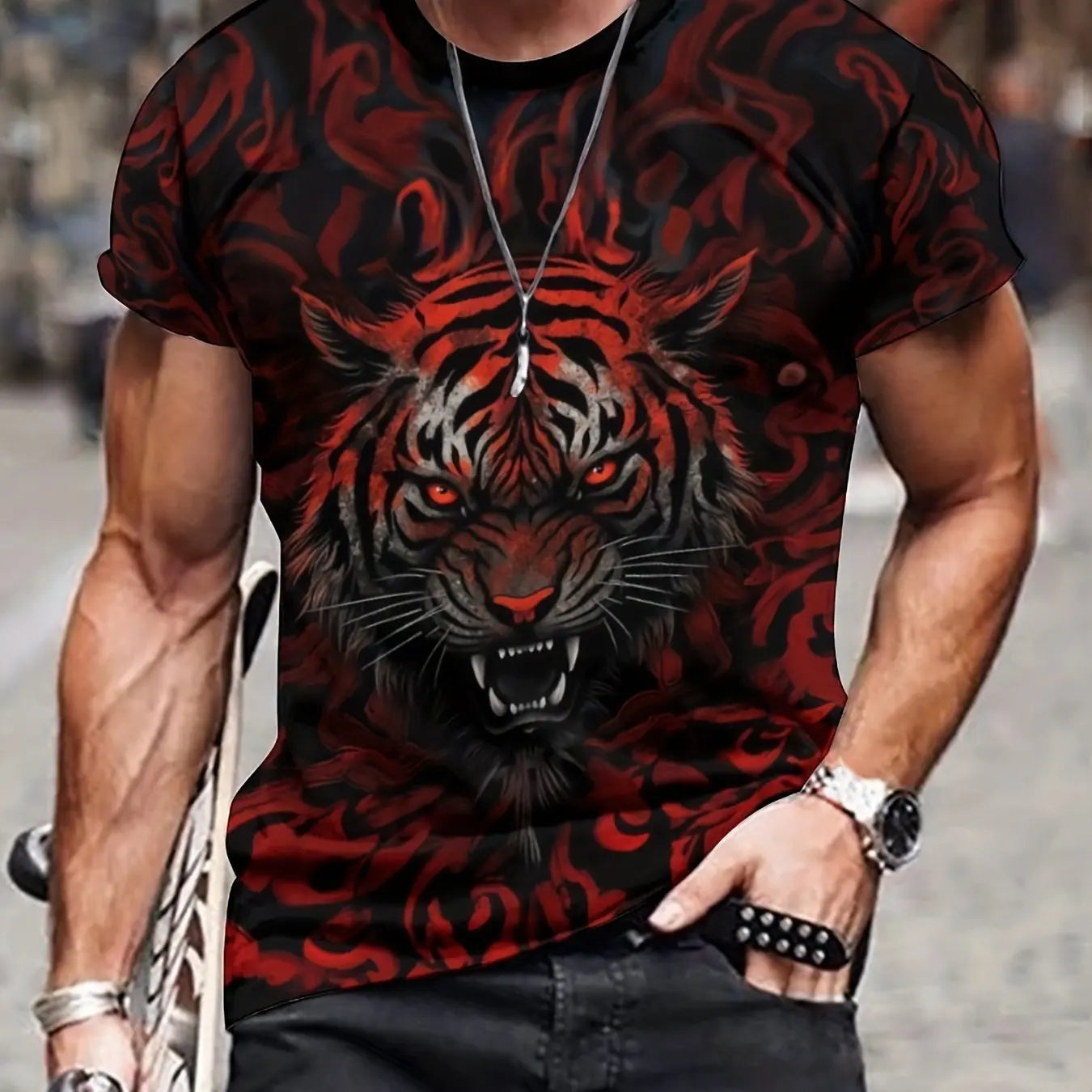 Summer men's 3D lion and tiger pattern T-shirt, casual micro elastic breathable T-shirt, suitable for outdoor jogging wear