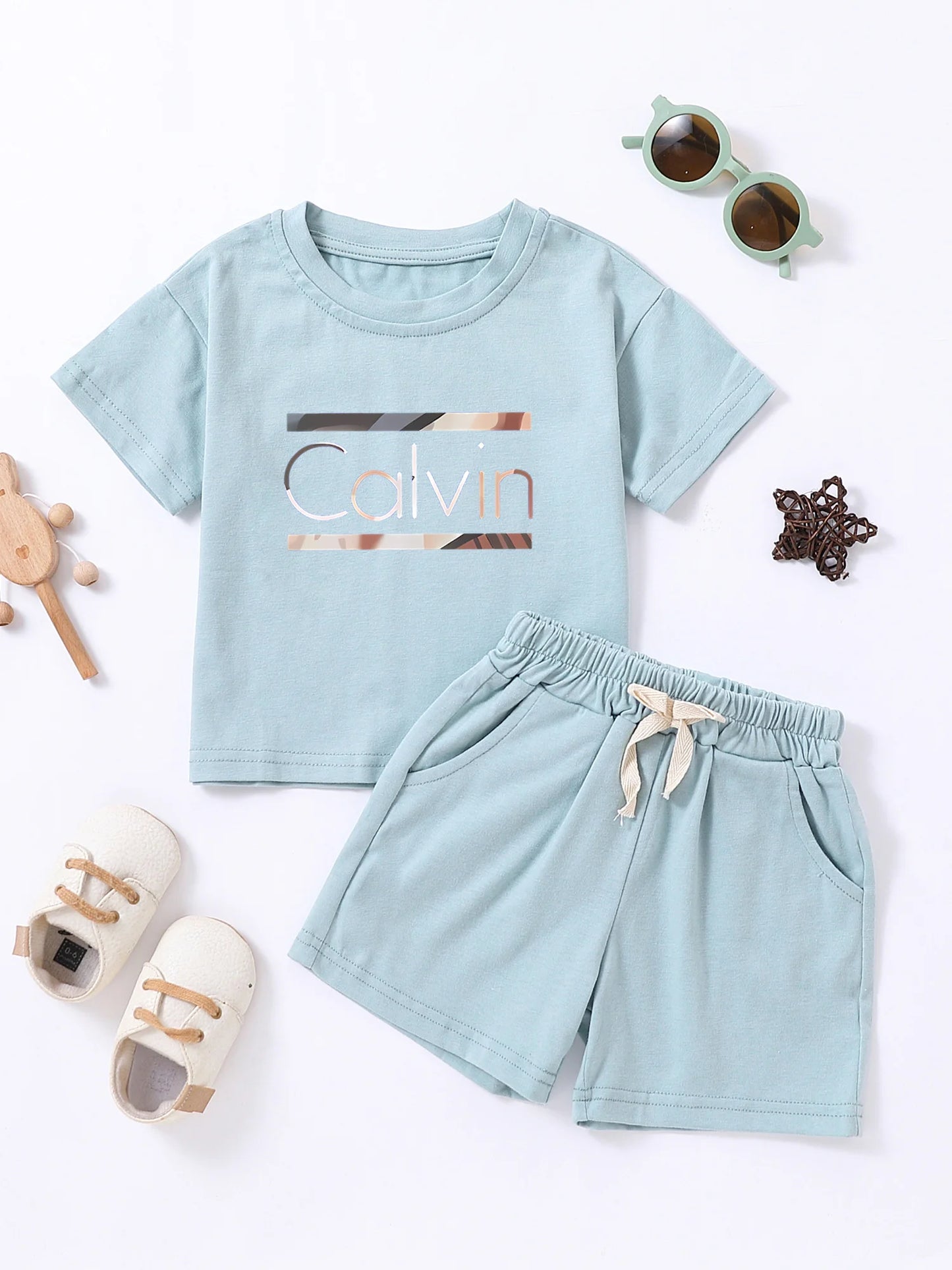 Children Calvin Letter Print Suits Cotton T-shirts + Shorts 2PCS Clothes Sets Boys Girls Fashion Outfits 1-7Y