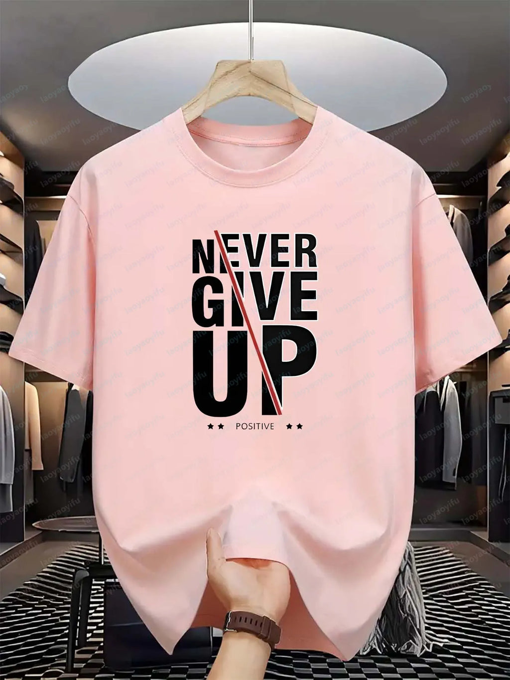 Men's 'Positive' Monogram Print T-Shirt Never Give Up Fashion Letter Graphic Casual Short-Sleeved Comfortable Top Goth T-shirts