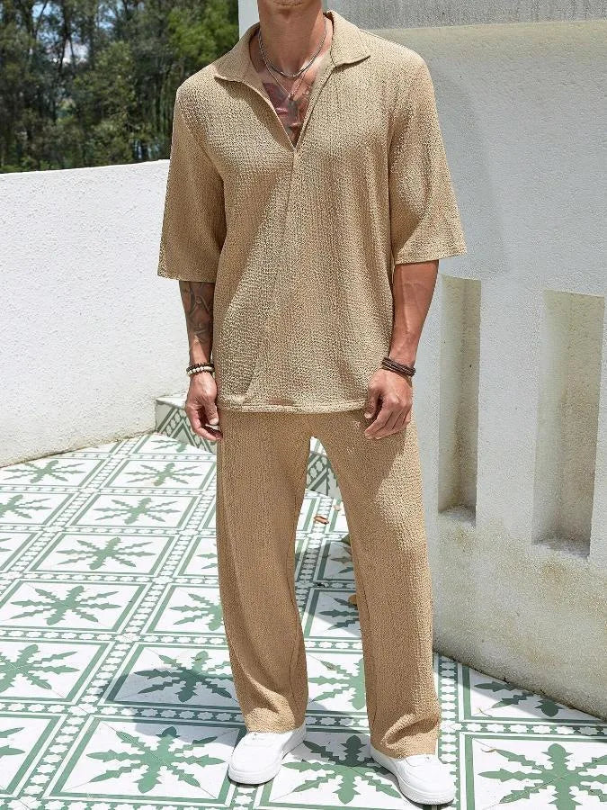 2025 Europe and the United States men's new spring half-sleeve shirt pants solid color suit V-neck design