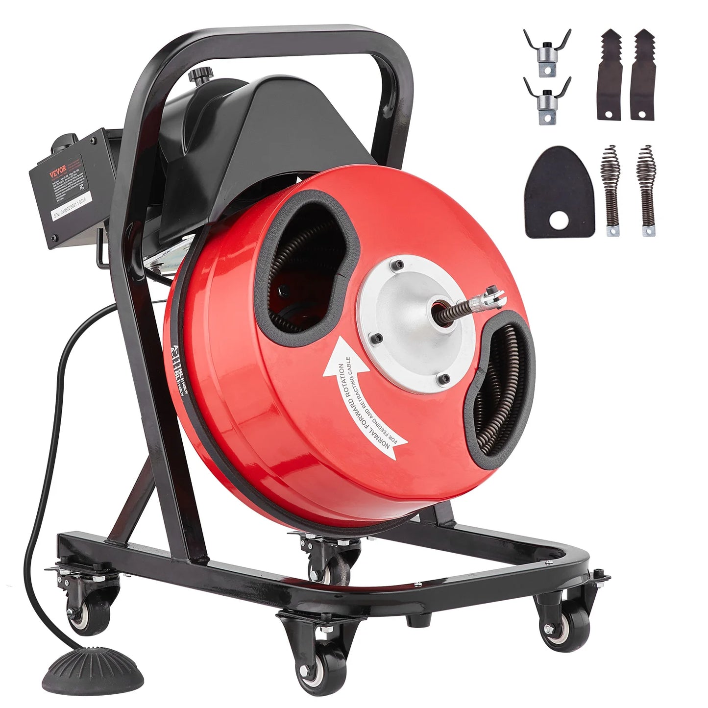 SucceBuy Drain Cleaner Machine 50 FT x 1/2 Inch Manual Feed Sewer Snake Auger with Wheels 4 Cutters & Air-activated Foot Switch
