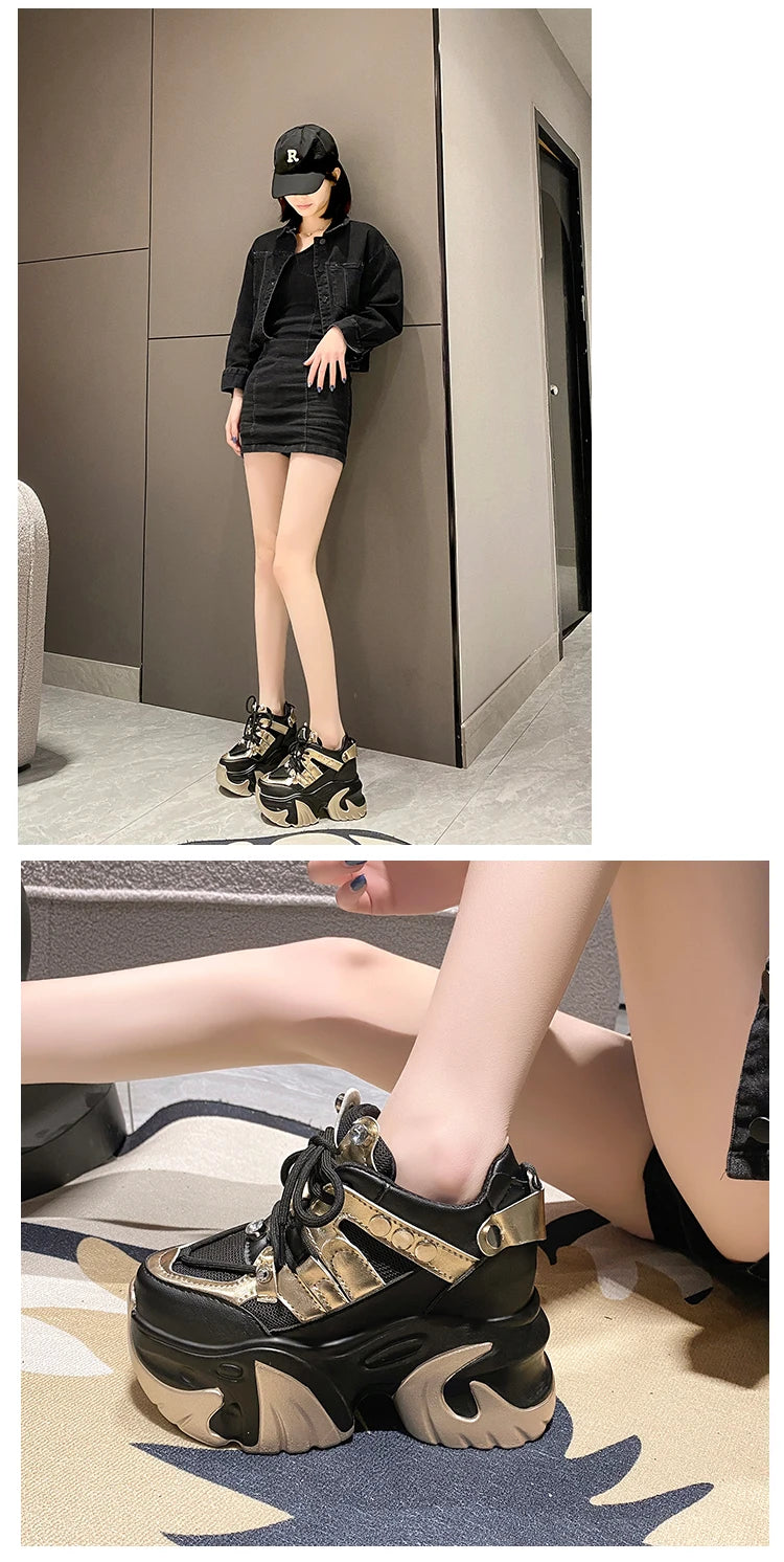 10CM New 2024 Spring Women Chunky Sneakers Heels Lace-up High Platform Sports Shoes Woman Breathable Mesh Shoes Leather Sneakers