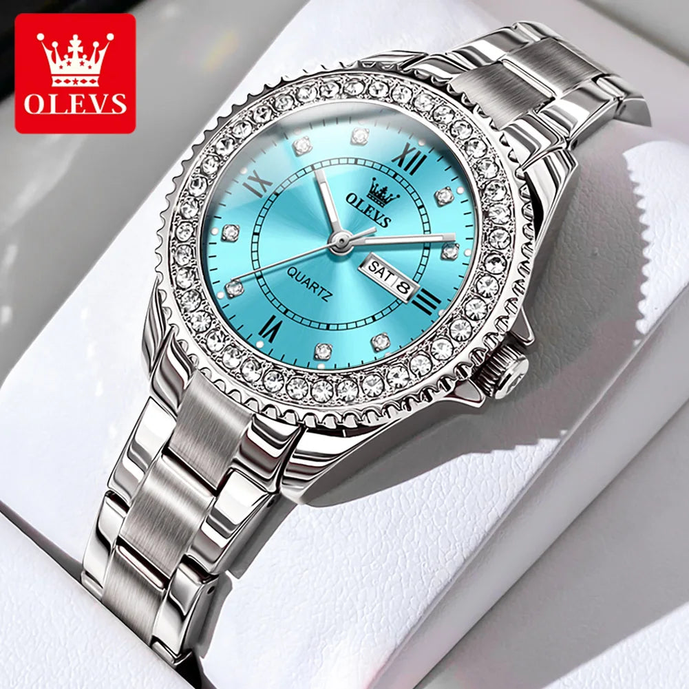 OLEVS Top Original Diamond Quartz Watch for Women Stainless Steel Waterproof Luminous Dual Calendar Luxury Women's Wristwatches