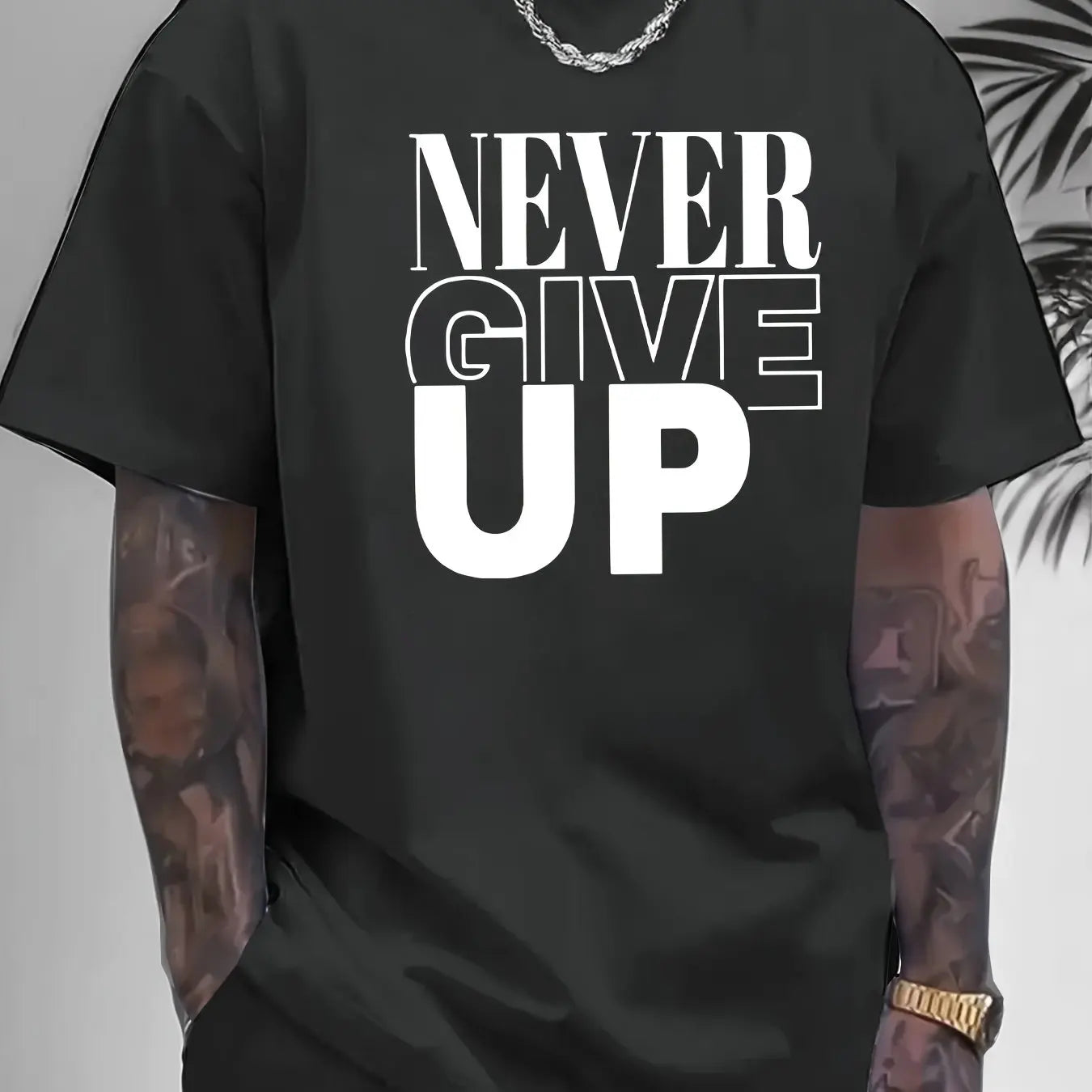 Men's summer 100 cotton fashionable casual sports loose Never give up letter printed round neck short sleeved T-shirt top