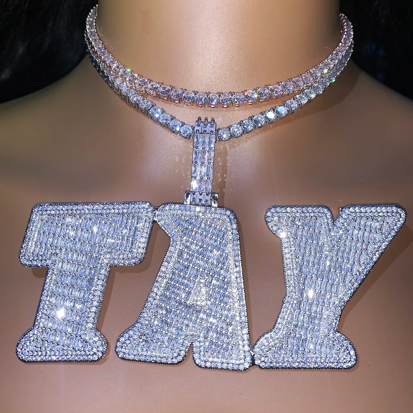 CUC Two Layer Big Letter Pendant Custom Name Necklace For Men Women Gold Silver Color Baguette Zircon Hip Hop Chain Jewelry 2024