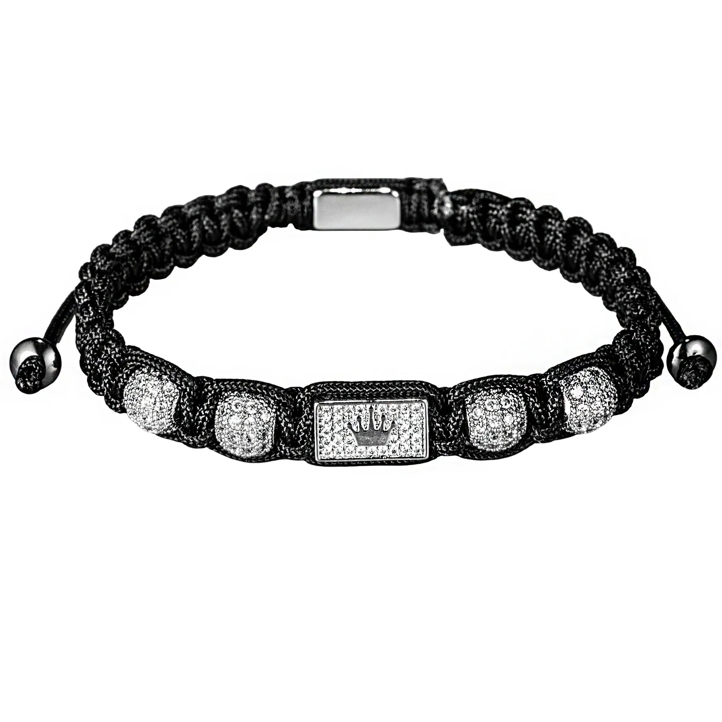 New Men's Adjustable Black Braided Crown Design Bracelet with Sparkling Synthetic Zirconia Stones Elegant GoldenTone Rectangular