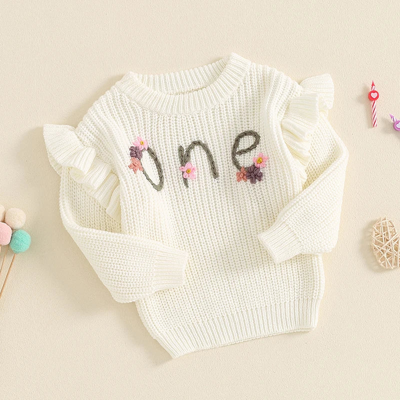 2024-05-23 Lioraitiin Newborn Baby Girl Birthday Sweater Casual Floral Letter Embroidery Warm Knitted Pullover Infant Knitwear