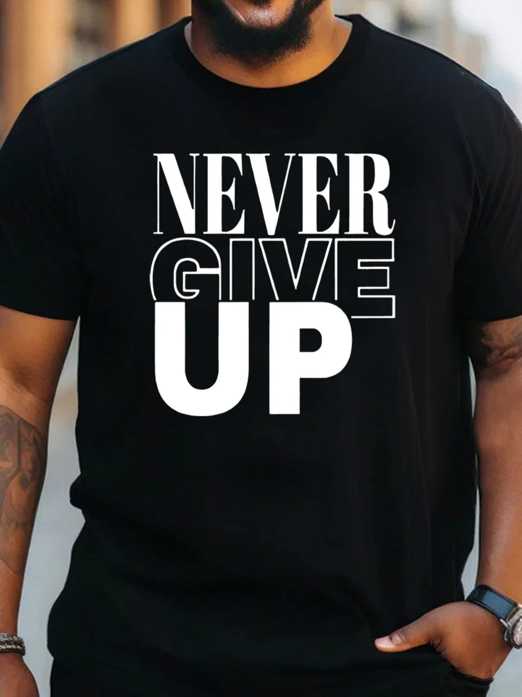 NEVER GIVE UP Creative Alphabet Print Men'S T-Shirt, Ideal for Valentines New Year'S Day Father'S Day Christmas