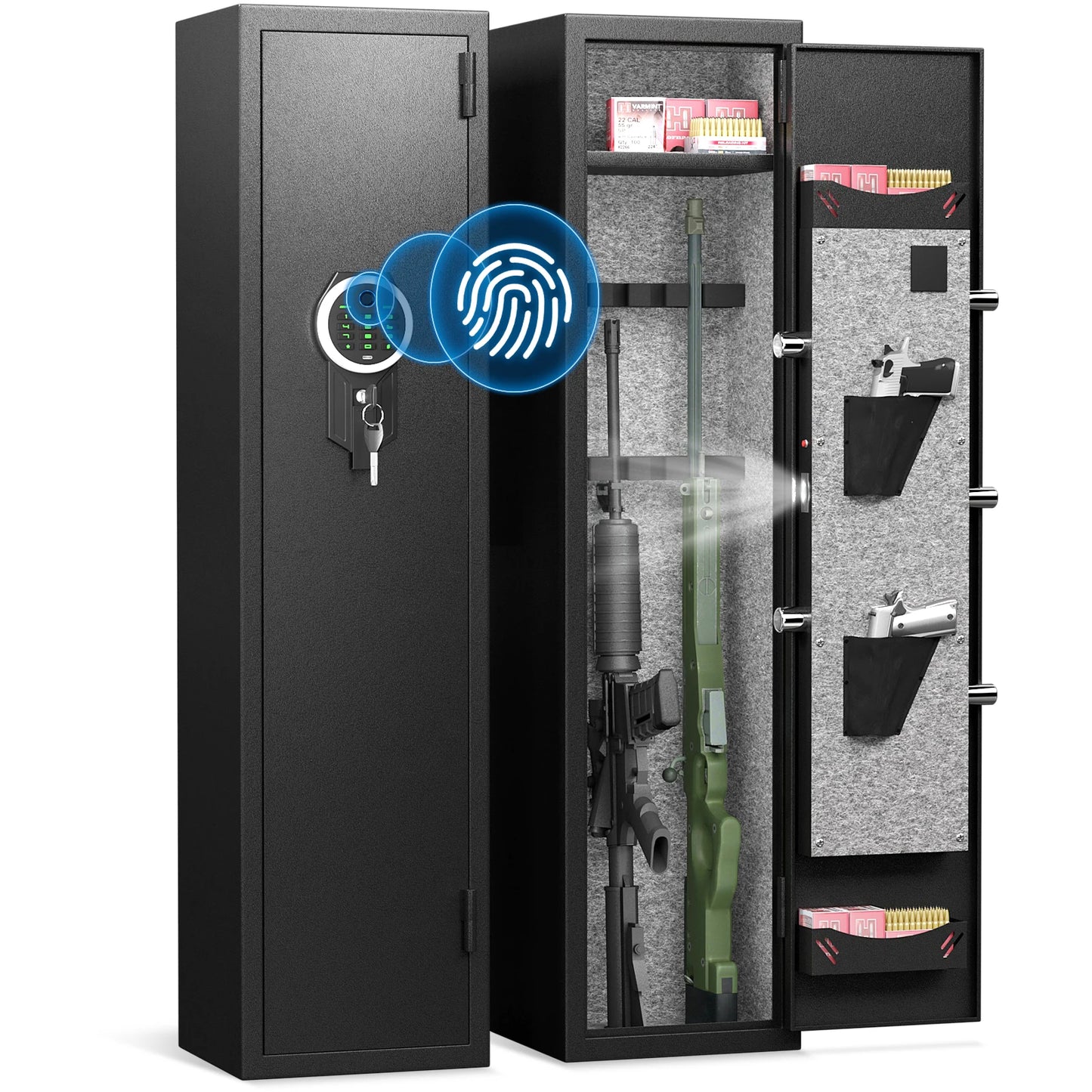 Kavey Biometric Fingerprint Gun Safe, Quick Access Gun Cabinets with LED Light, Adjustable Gun Rack and Removable Shelf