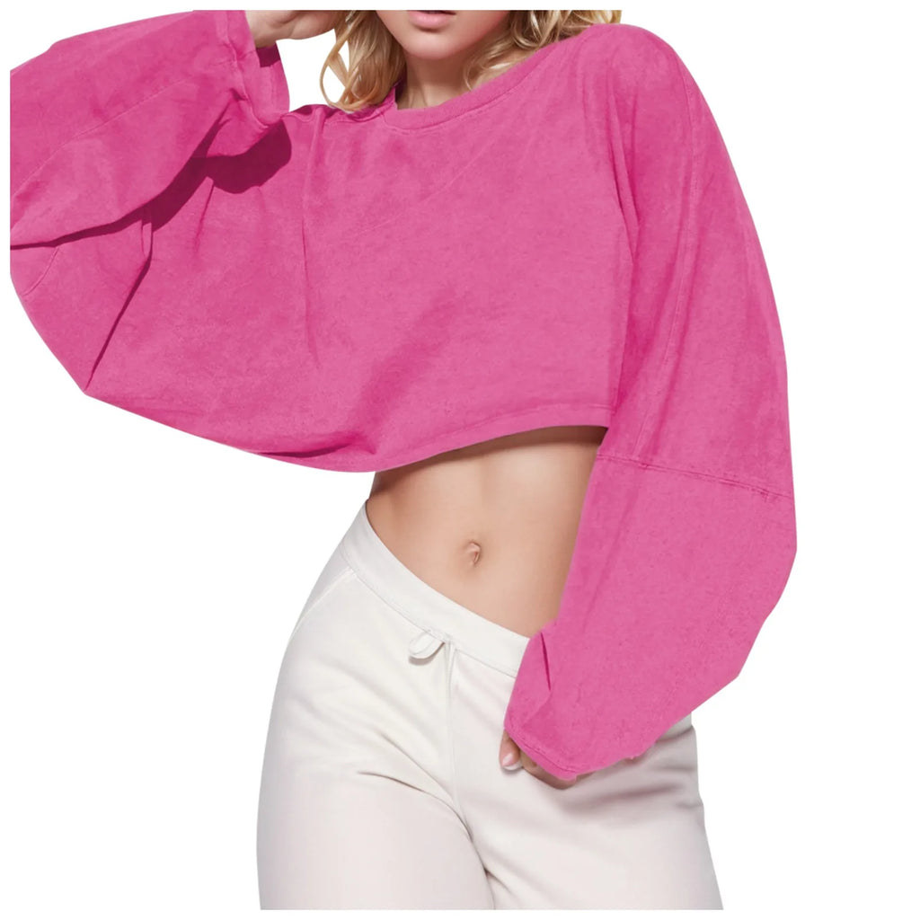 New Fashion Cropped Top Women'S Crew Neck Loose Short Sport Base T Shirt Long Sleeve Plus Size Blouse Womens Streetwear Fitted